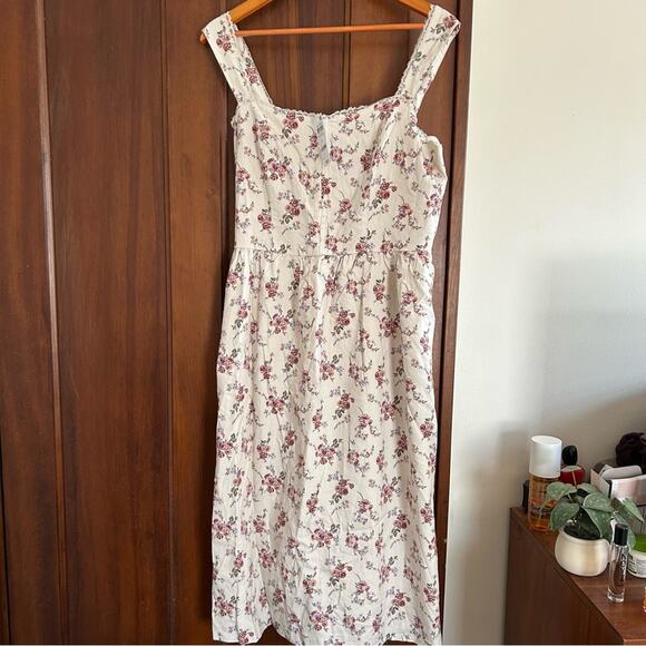 And Now This Cream Bouquets Floral Midi Dress Corset Front Smocked NWT Size L - Picture 1 of 7